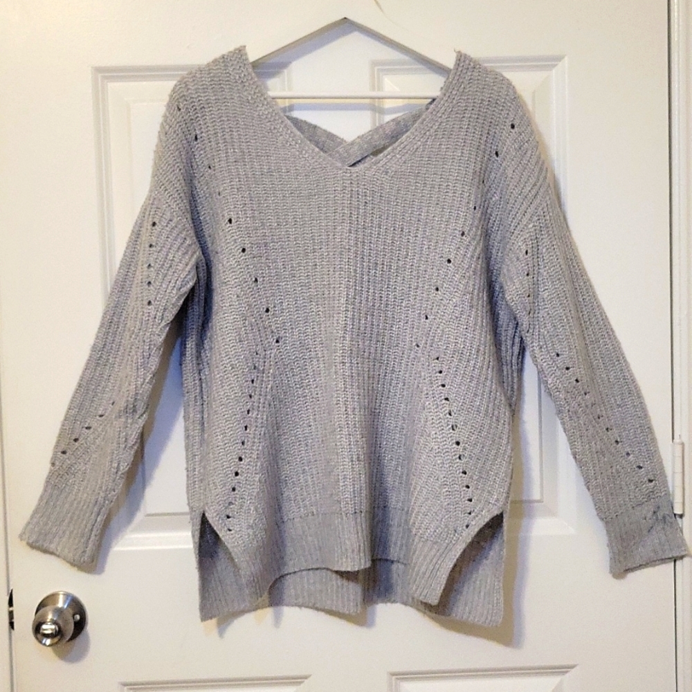 Light gray criss-cross back, wide neck sweater